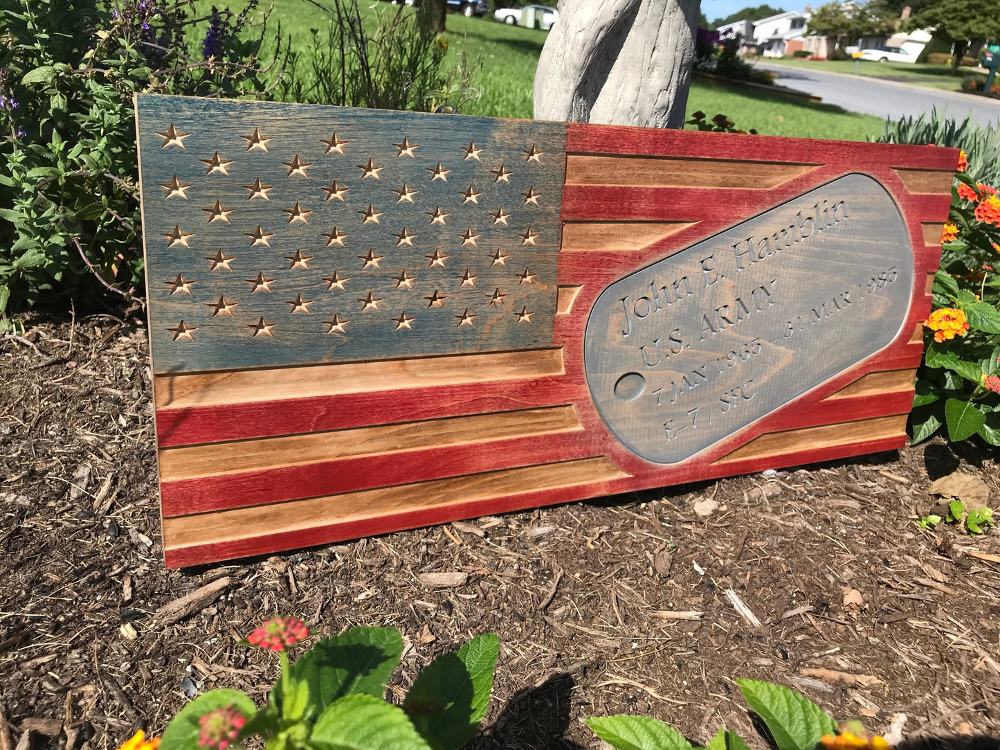 Personalized Carved American Flag with Military Dog Tag Sign, Rustic American Flag, Distressed Wooden Flag, Army, Navy, Air Force, Marines