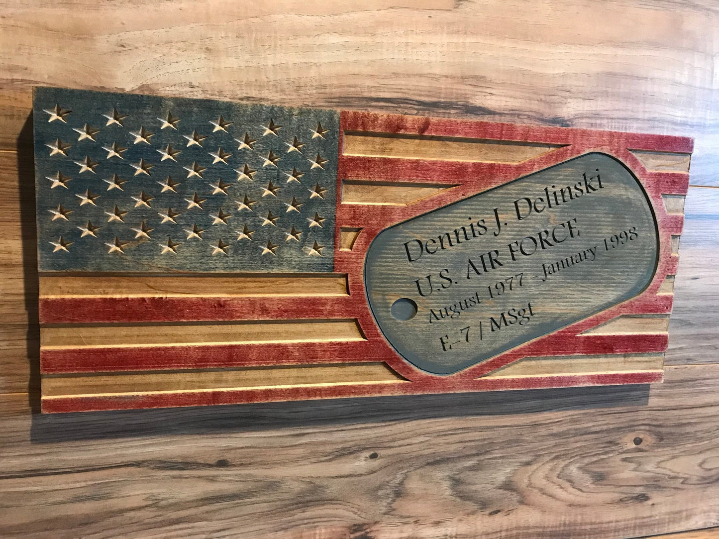 Personalized Carved American Flag with Military Dog Tag Sign, Rustic American Flag, Distressed Wooden Flag, Army, Navy, Air Force, Marines