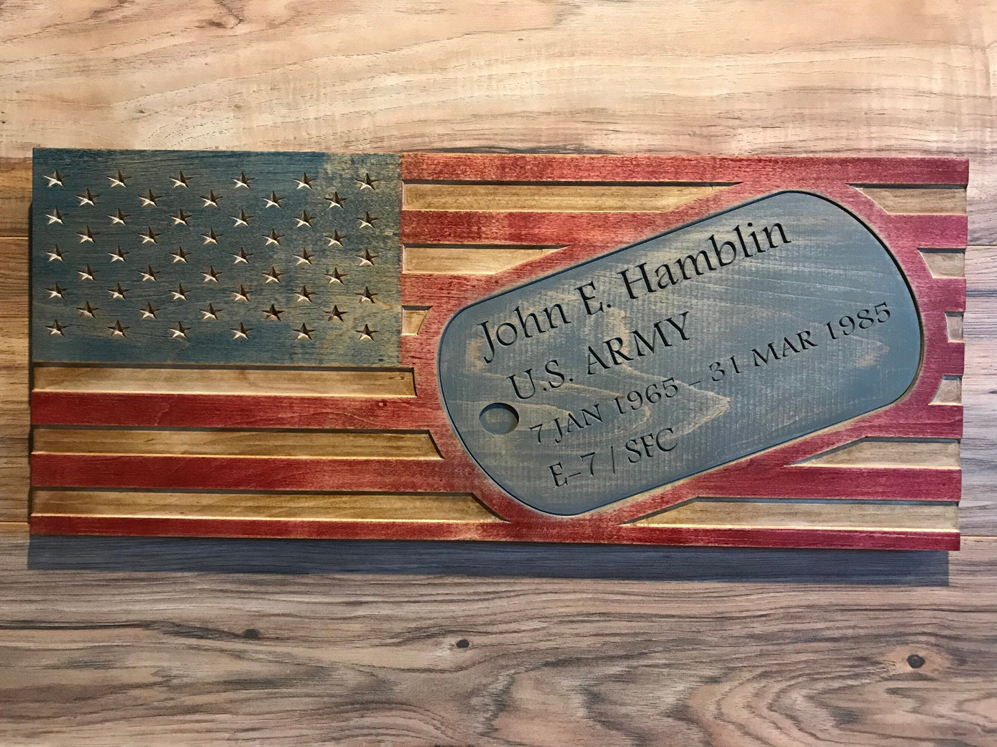 Personalized Carved American Flag with Military Dog Tag Sign, Rustic American Flag, Distressed Wooden Flag, Army, Navy, Air Force, Marines