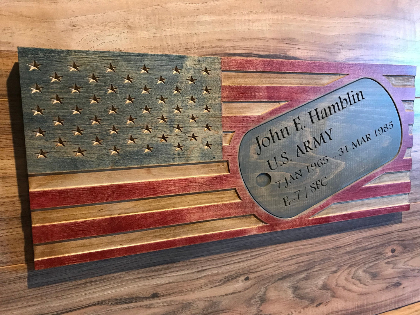 Personalized Carved American Flag with Military Dog Tag Sign, Rustic American Flag, Distressed Wooden Flag, Army, Navy, Air Force, Marines