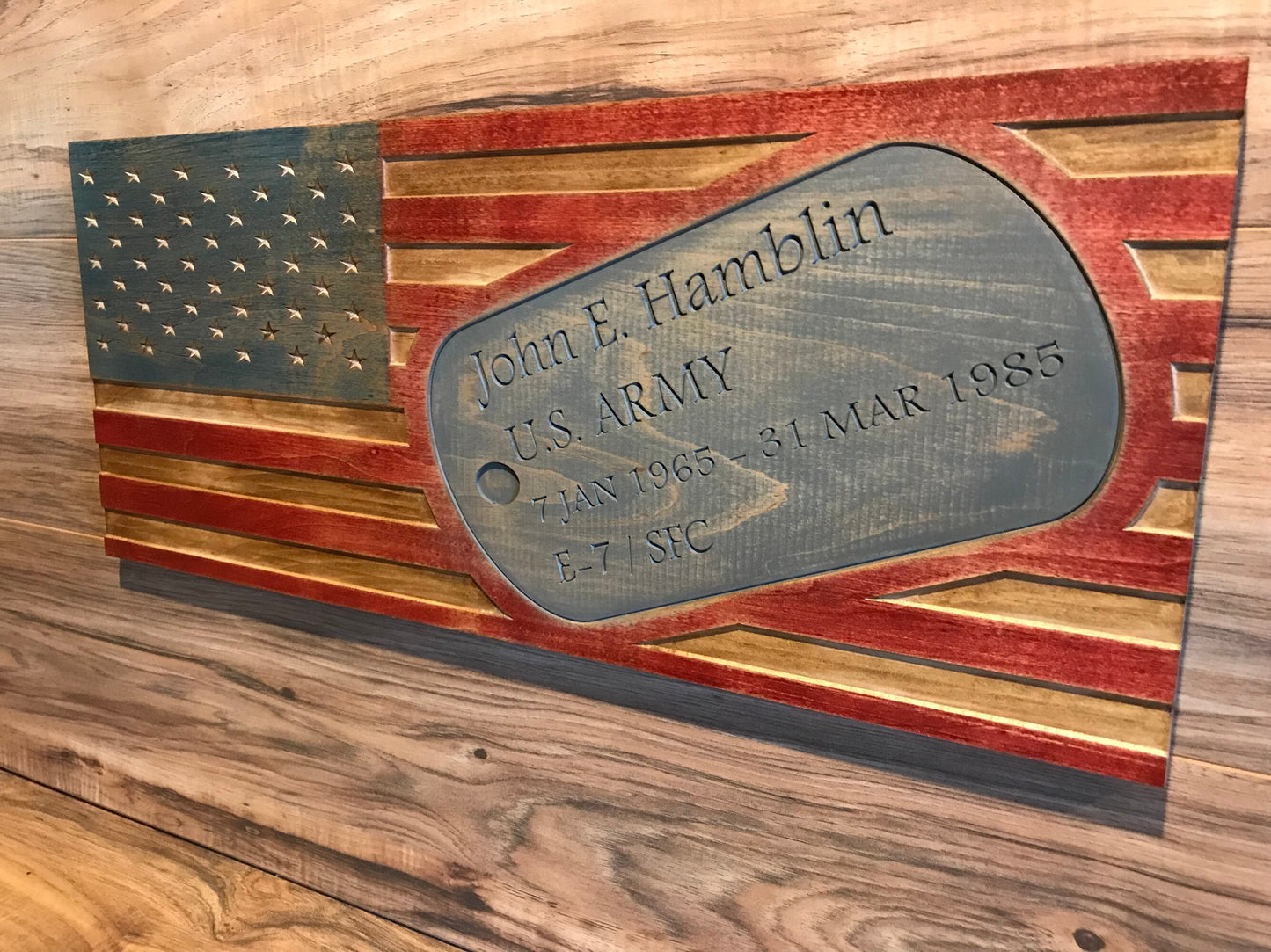 Personalized Carved American Flag with Military Dog Tag Sign, Rustic American Flag, Distressed Wooden Flag, Army, Navy, Air Force, Marines