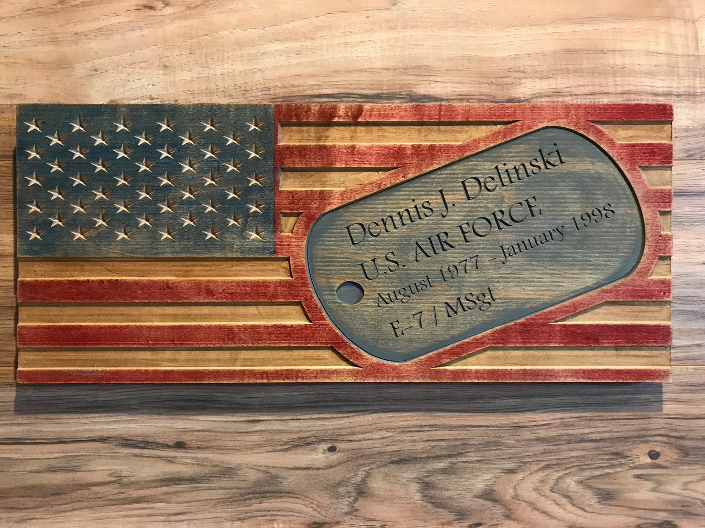 Personalized Carved American Flag with Military Dog Tag Sign, Rustic American Flag, Distressed Wooden Flag, Army, Navy, Air Force, Marines