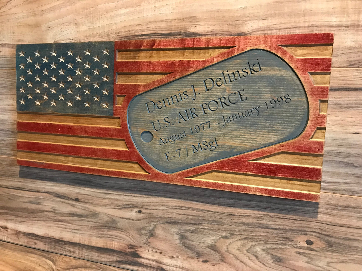 Personalized Carved American Flag with Military Dog Tag Sign, Rustic American Flag, Distressed Wooden Flag, Army, Navy, Air Force, Marines