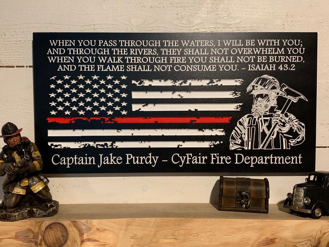 Personalized Firefighter Gift For Him with Firemans Image, Firefighter Sign, Firefighter Decor Thin Red Line American Flag