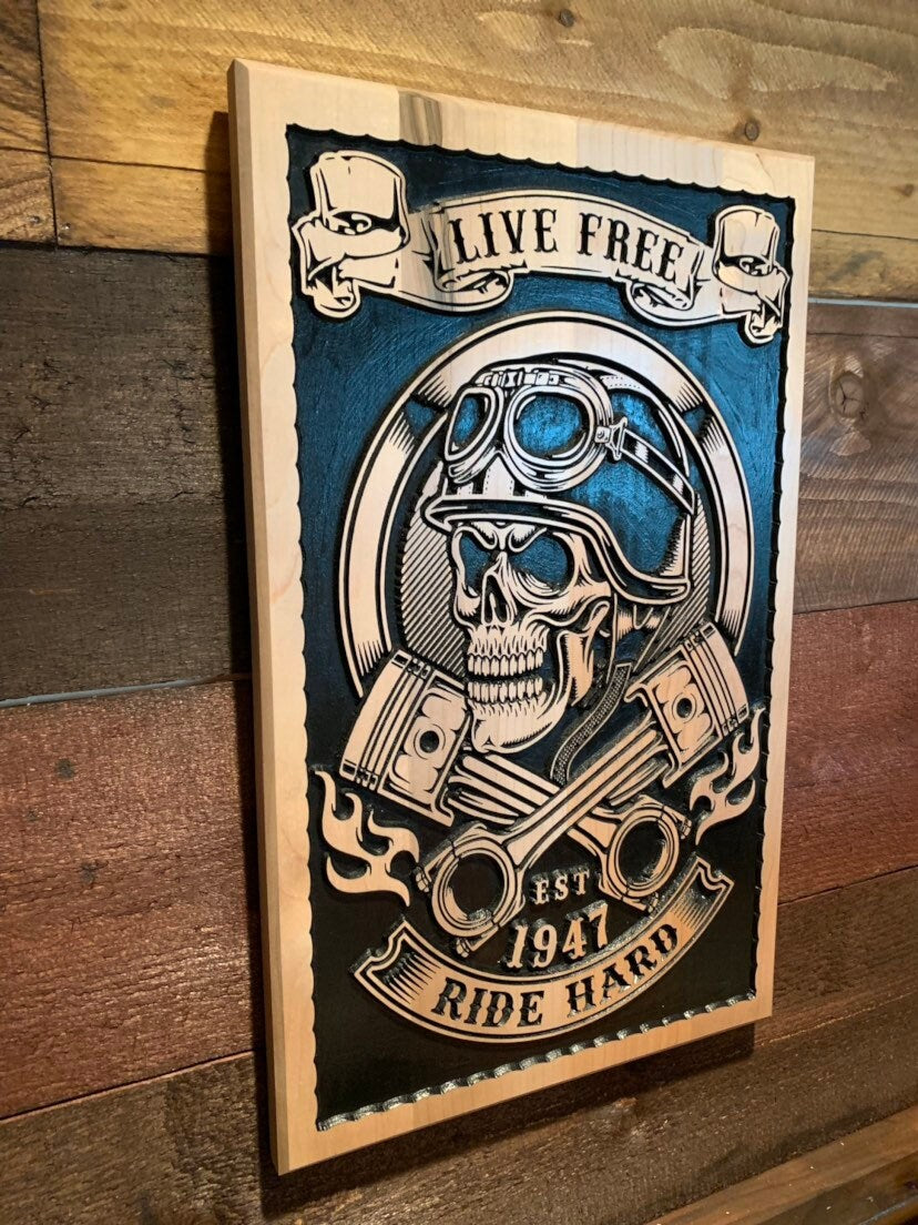 Personalized Skull Motorcycle Sign with Engine Pistons for a Man Cave, Motorcycle Gifts, Family Name Sign, Home Decor