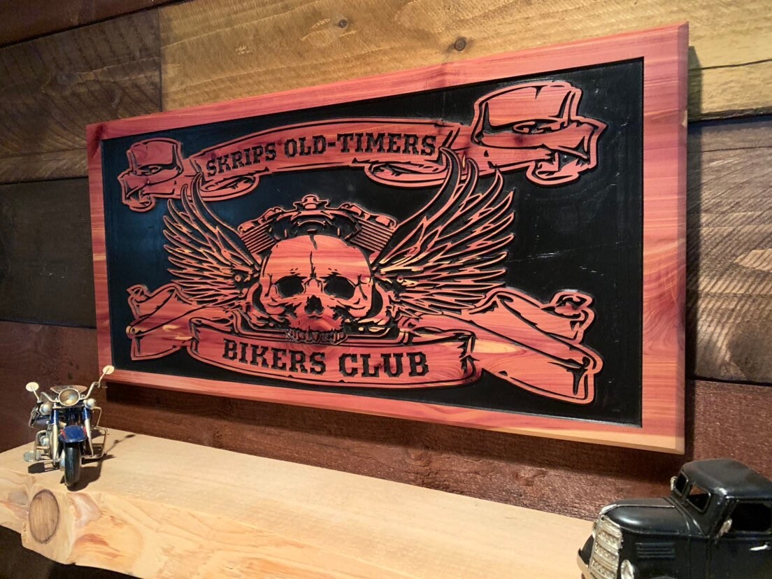 Personalized Skull Motorcycle Sign with Angel Wings for a Man Cave, Motorcycle Gifts, Family Name Sign, Home Decor