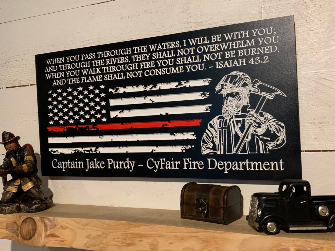 Personalized Firefighter Gift For Him with Firemans Image, Firefighter Sign, Firefighter Decor Thin Red Line American Flag