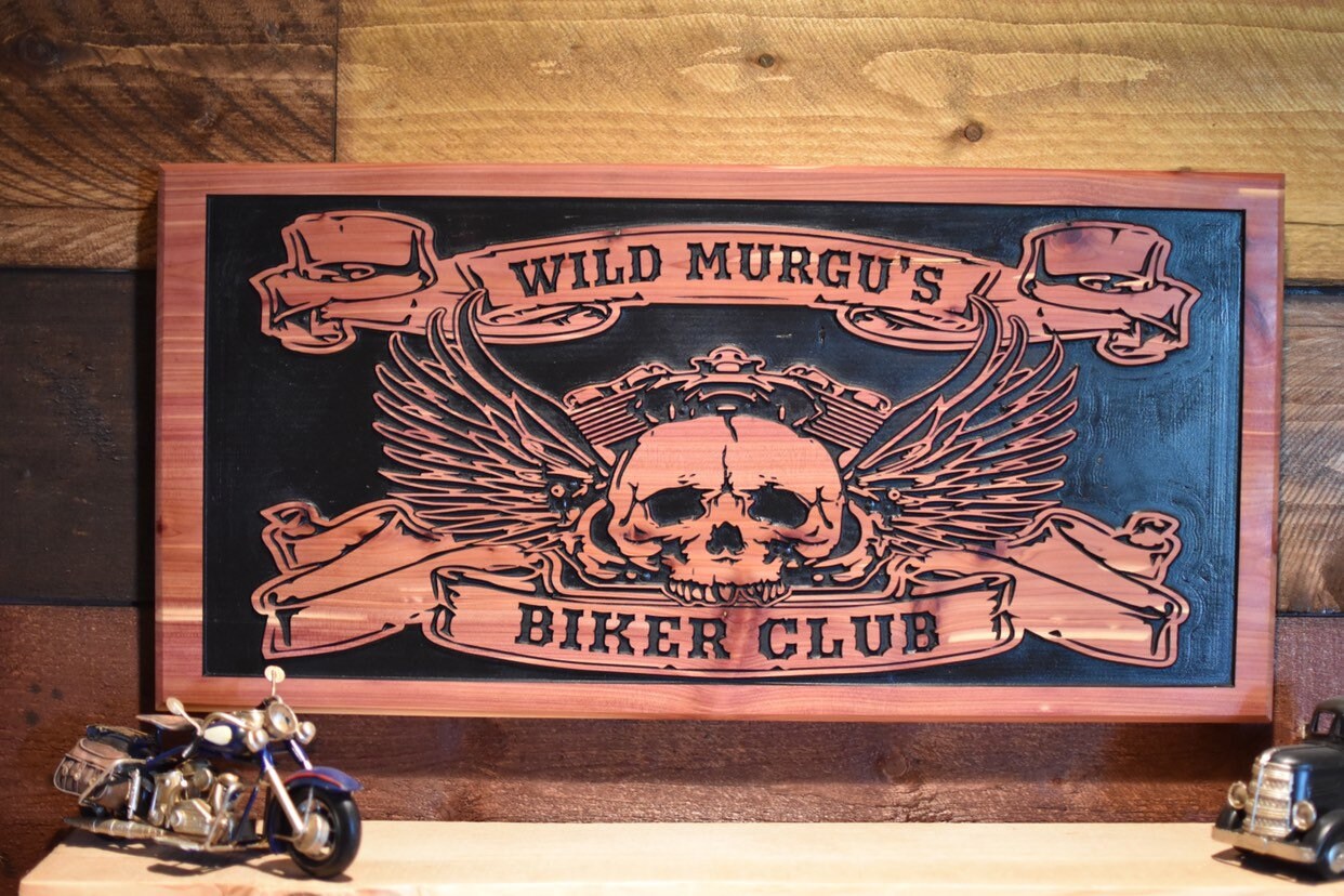 Personalized Skull Motorcycle Sign with Angel Wings for a Man Cave, Motorcycle Gifts, Family Name Sign, Home Decor