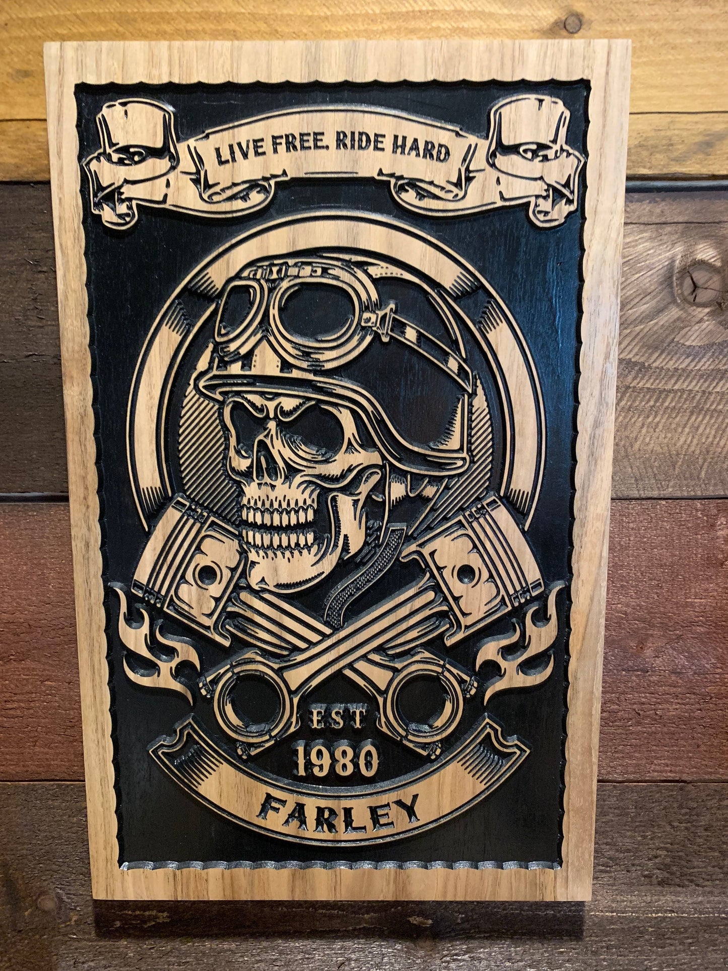 Personalized Skull Motorcycle Sign with Engine Pistons for a Man Cave, Motorcycle Gifts, Family Name Sign, Home Decor
