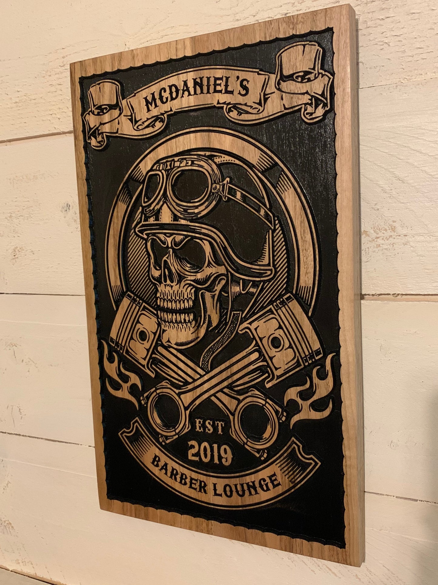 Personalized Skull Motorcycle Sign with Engine Pistons for a Man Cave, Motorcycle Gifts, Family Name Sign, Home Decor