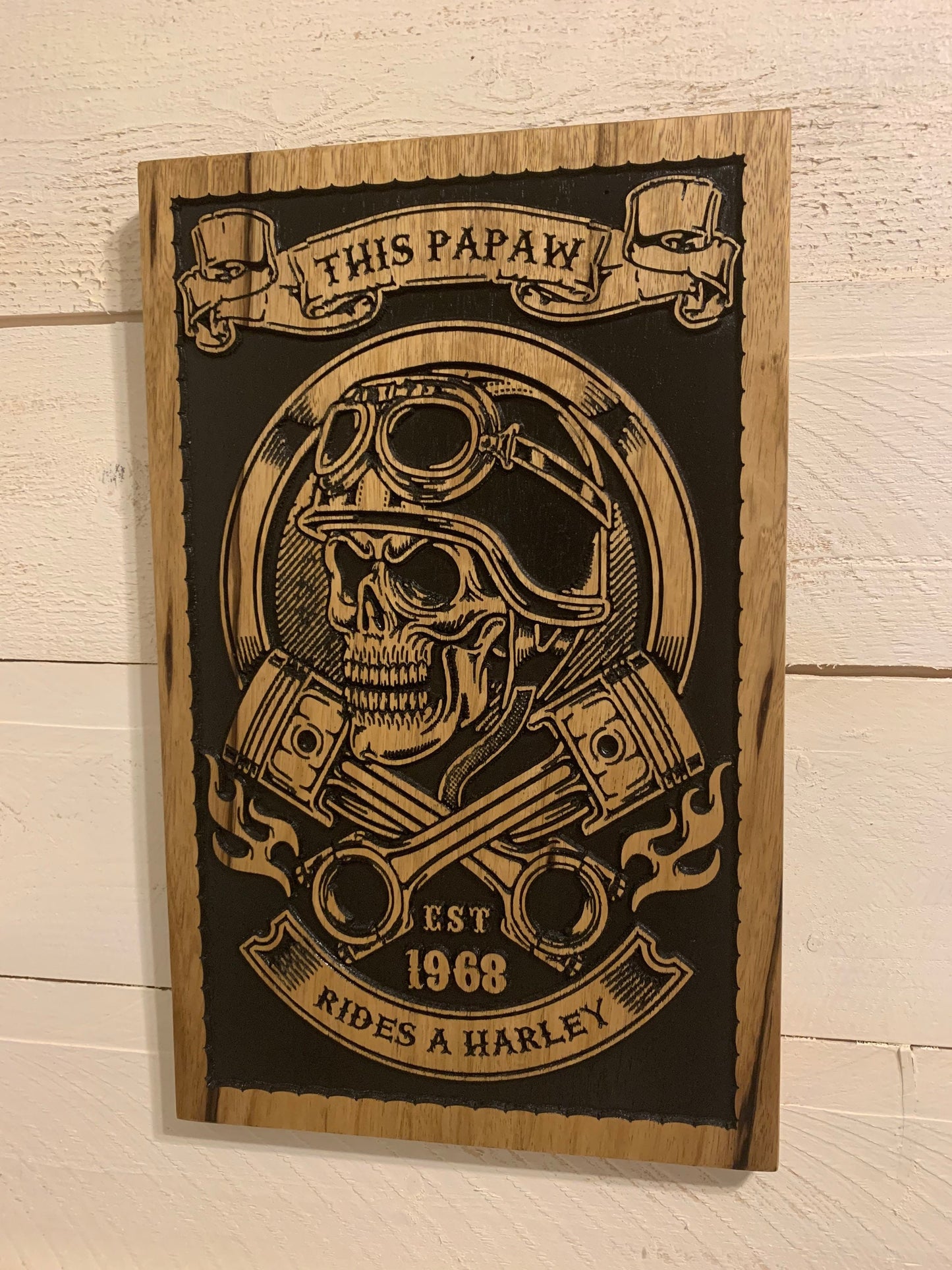 Personalized Skull Motorcycle Sign with Engine Pistons for a Man Cave, Motorcycle Gifts, Family Name Sign, Home Decor