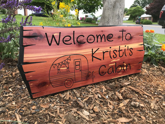 Personalized Carved Cedar Wood Camping Sign, Family Name Sign with Camper RV Image, Carved Wood Signs for Fathers Day Gift for him