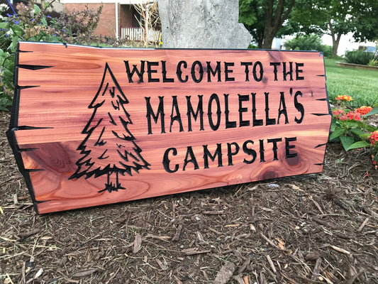 Personalized Carved Cedar Wood Camping Sign, Family Name Sign with Tree Image, Carved Wood Signs for Fathers Day Gift for him, RV Sign