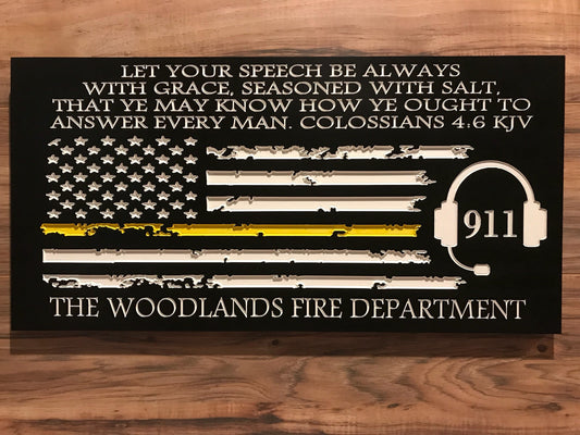 Personalized 911 Dispatcher Firefighter Gift Christmas Custom Sign Rustic Home Decor Thin Yellow Line American Flag Mothers Fathers Day