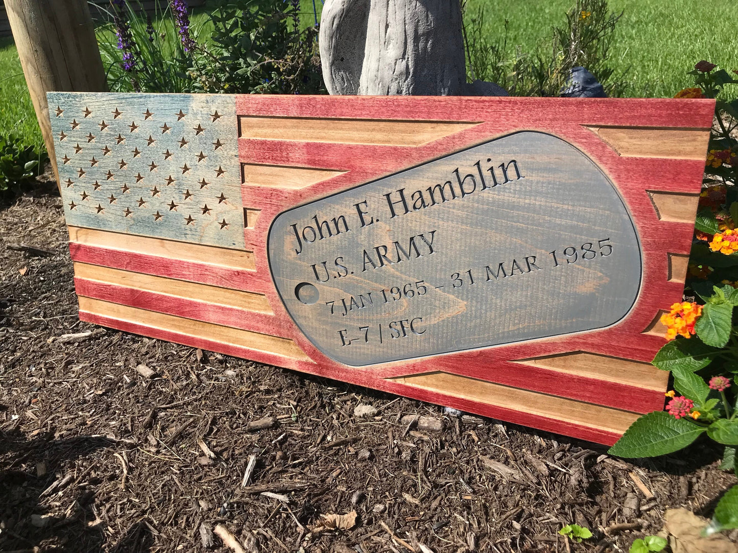 Personalized Carved American Flag with Military Dog Tag Sign, Rustic American Flag, Distressed Wooden Flag, Army, Navy, Air Force, Marines