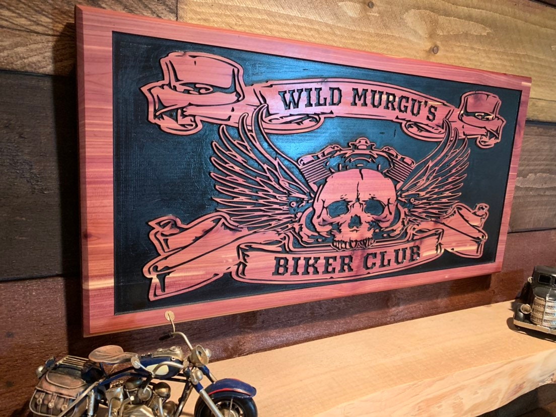 Personalized Gifts outlet for Him, Custom Man Cave Sign with Harley Davidson Motorcycle, Biker Shop Name Signs, 3D Wood Carved Motorcycle Plaque