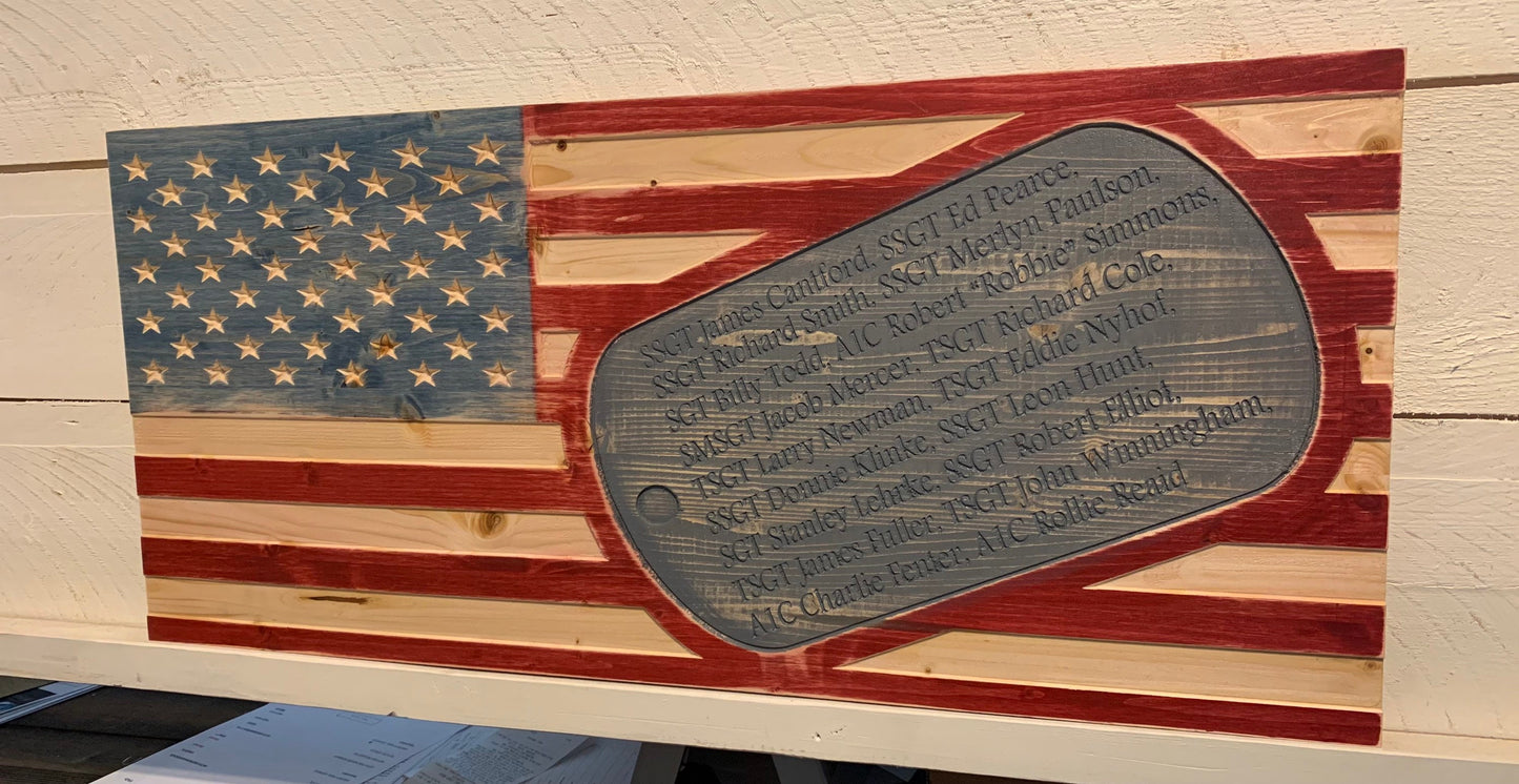 Personalized Carved American Flag with Military Dog Tag Sign, Rustic American Flag, Distressed Wooden Flag, Army, Navy, Air Force, Marines