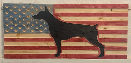 Personalized Carved American Flag with Doberman sign, Rustic American Flag, Distressed Wooden Flag, K-9