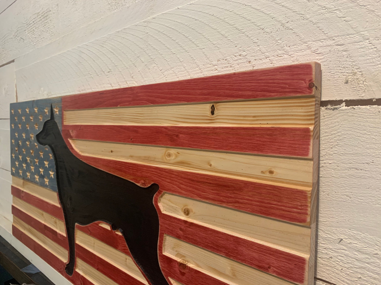 Personalized Carved American Flag with Doberman sign, Rustic American Flag, Distressed Wooden Flag, K-9